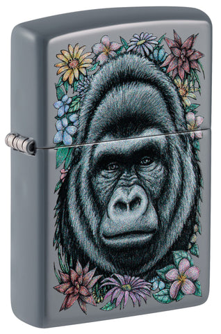 Front shot of ˫ Floral Gorilla Design Flat Grey Windproof Lighter standing at a 3/4 angle.